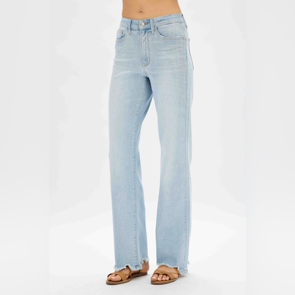 New judy blue high waist destroy hem straight leg jeans light wash JB82445REG LT - Picture 8 of 16